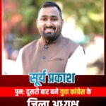 युवा कांग्रेस के समर्थन से सूर्या पुरोहित दोबारा बने जिलाध्यक्ष, युवाओं के मुद्दों पर संघर्ष का ऐलान